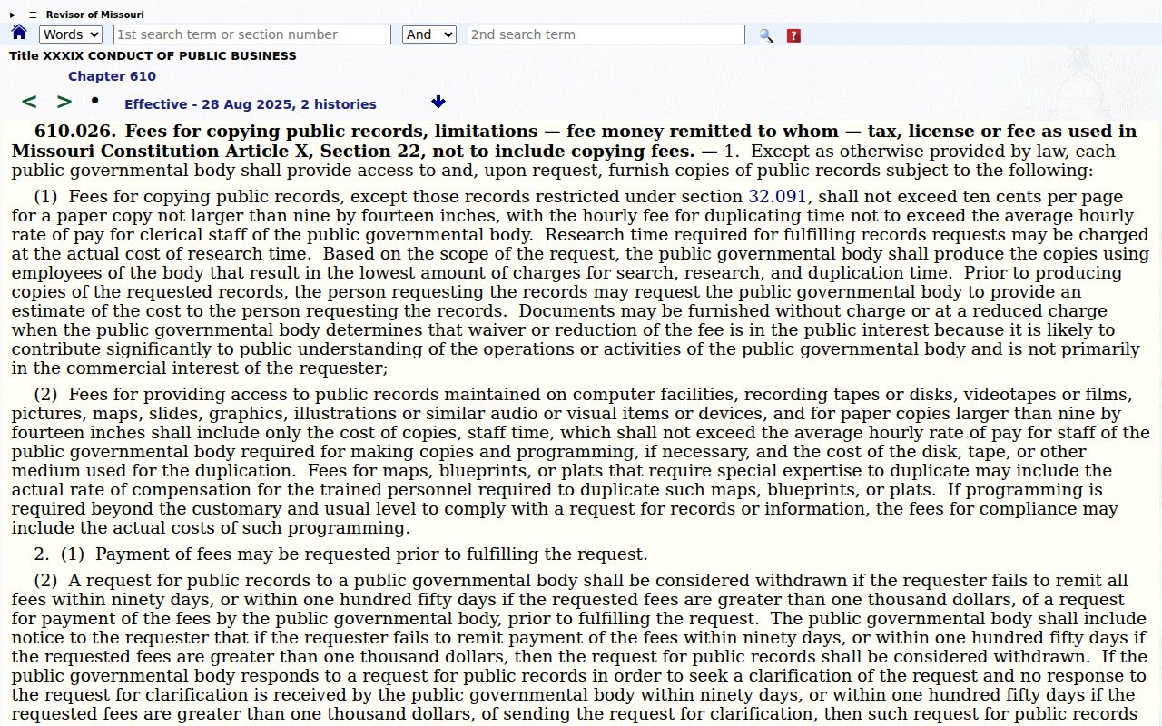 Pettis County case search reference showing Missouri court record copy-fee statute