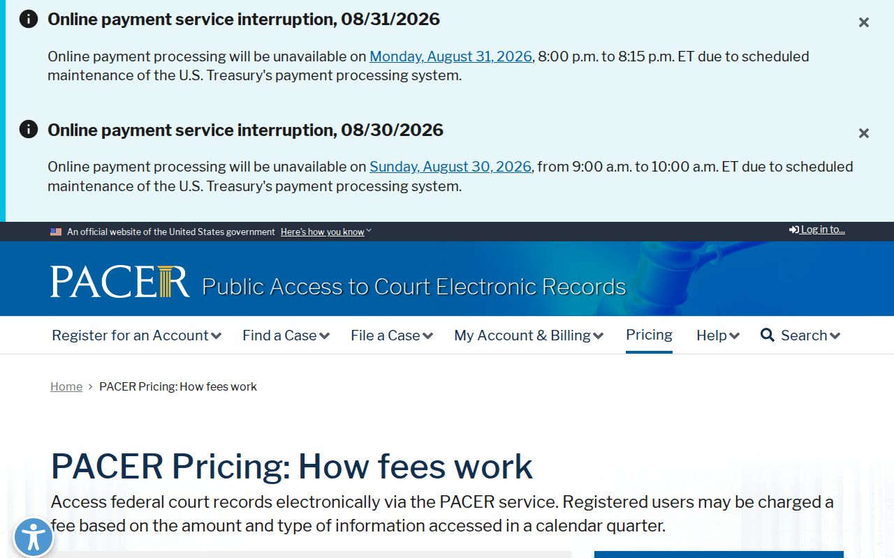 Pettis County court records reference for PACER federal docket pricing