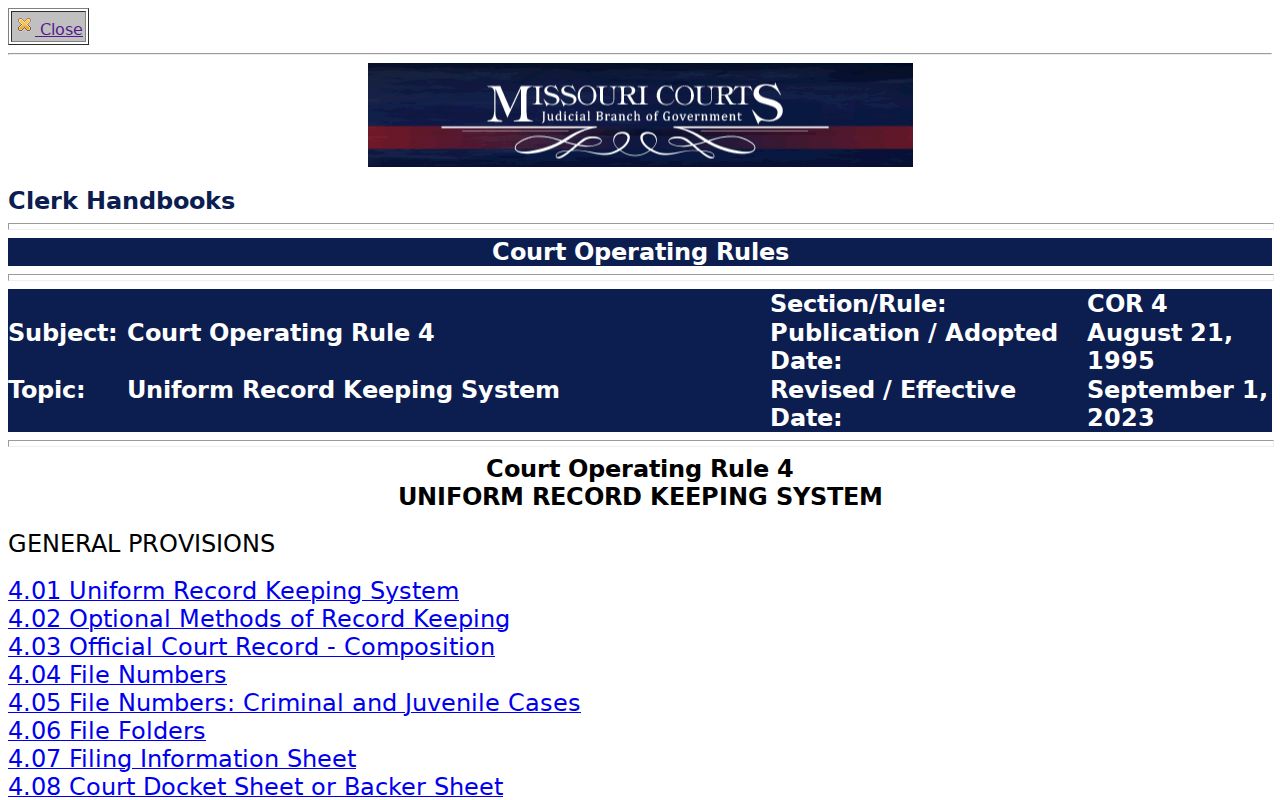 Pettis County court docket record rules under Missouri Court Operating Rule 4