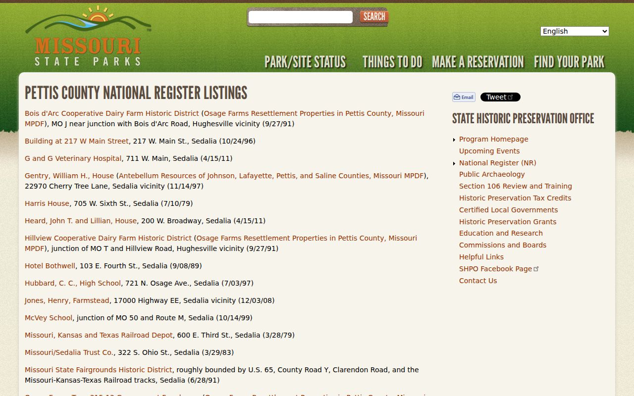 Sedalia court record context and Pettis County historic resource listing